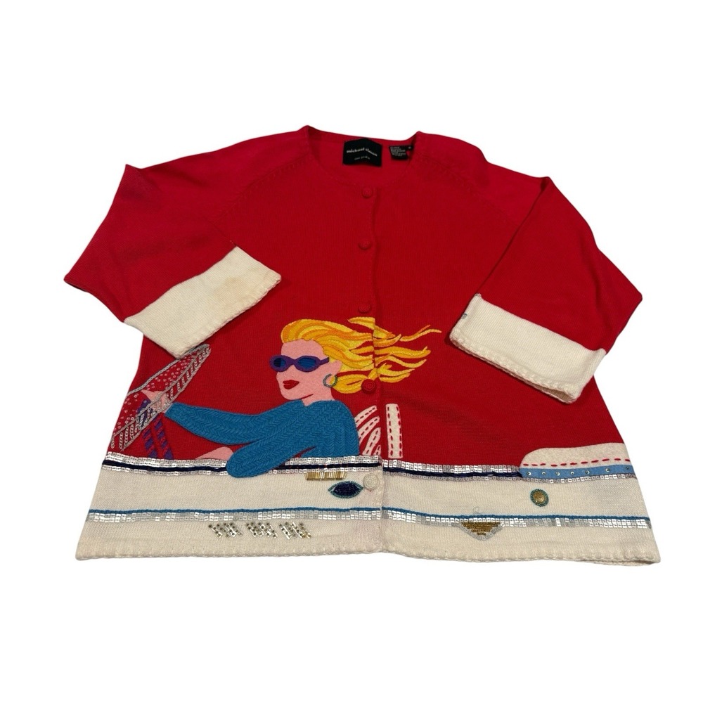 Michael Simon red knit cardigan 3D embroidered & sequined beach Driving Motif XL